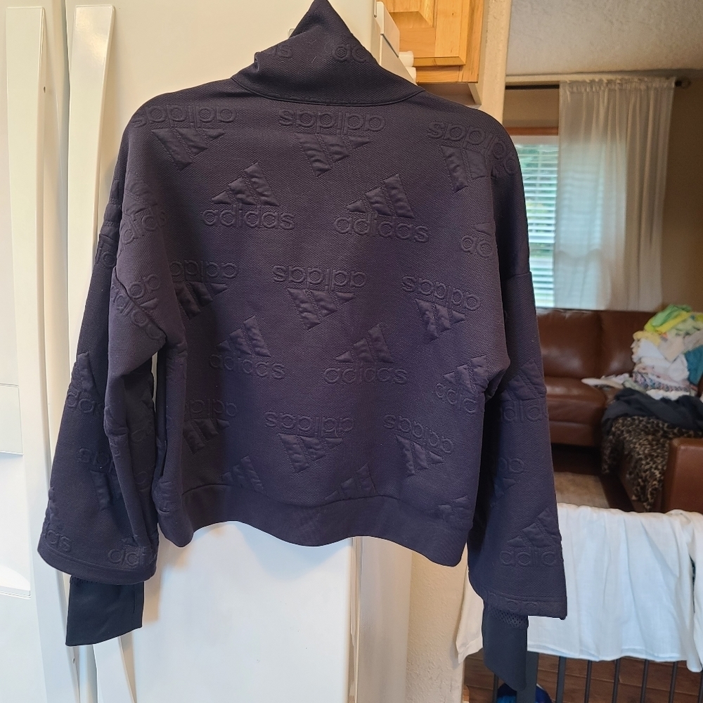 Adidas Aeroready Logo Jacquard Half Zip Navy Sweatshirt Etched Thumbholes Small - Picture 3 of 6